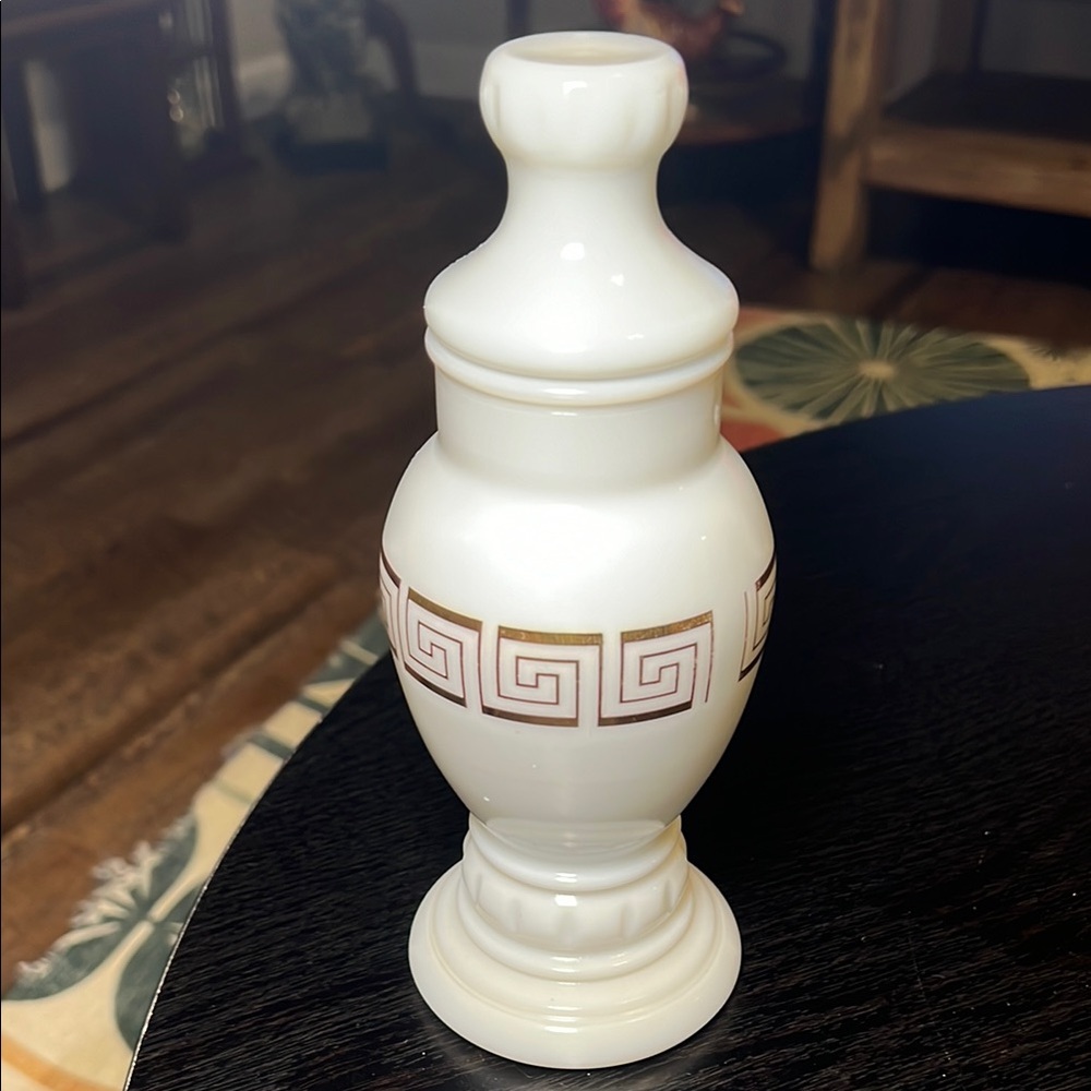 Vintage White Milk Glass Gold Greek Key Apothecary Jar Storage Container